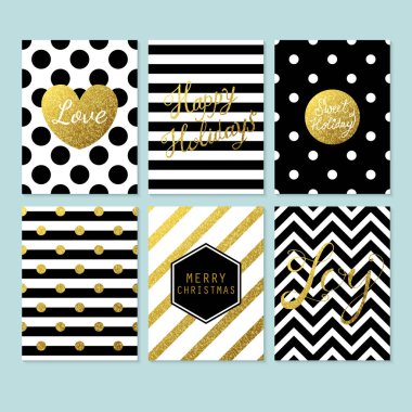 Siyah, altın ve beyaz modern yaratıcı Noel kartları. Vektör