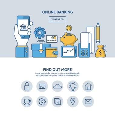 Online bankacılık web sitesi kahraman görüntü kavramı. Bir sayfa web sitesi desi