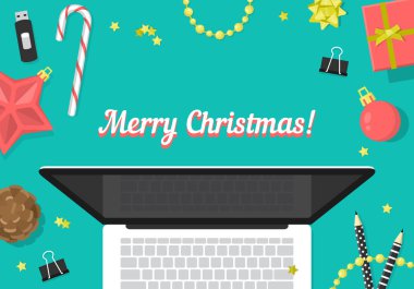 Dizüstü bilgisayar ve süslemeleri ile Noel web sitesi başlık tasarımı. Vec