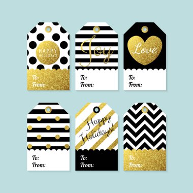 Siyah, altın ve beyaz Modern yaratıcı Noel hediye etiketleri. Ve
