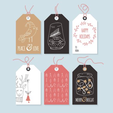 Noel el çizim hediye etiketi seti. İzole vektör illustratio