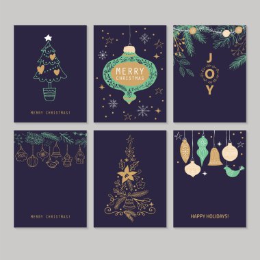 Tatil ve Noel el çizim tebrik kartı seti. İzole v