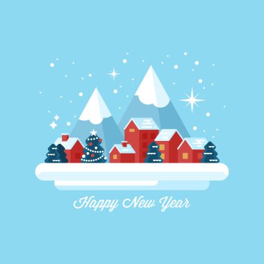Küçük kış köy la happy New Year tebrik kartı tasarımı