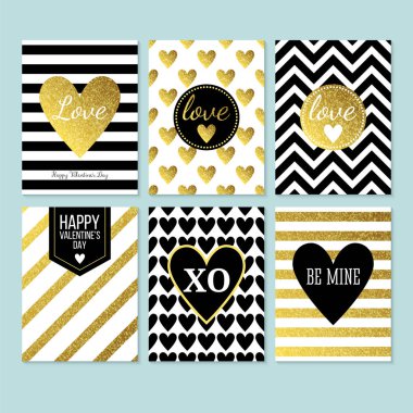 Siyah, altın ve beyaz modern yaratıcı Sevgililer günü kartları. 