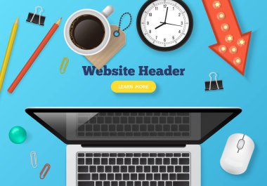 Dizüstü bilgisayar; kahve fincanı ve nesneleri gerçekçi vektör illustr