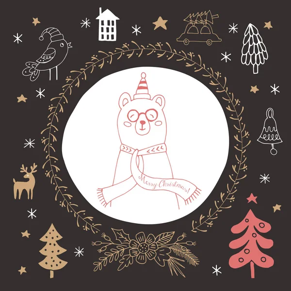 Weihnachten Urlaub Hand Zeichnung Grußkarte mit niedlichen Bären und — Stockvektor