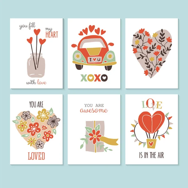 Valentine's day creative hand sketched greeting card set. Isolat