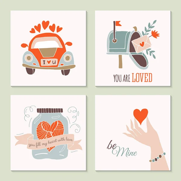 Valentinstag kreative Hand Zeichnung Grußkarte Set mit Auto — Stockvektor