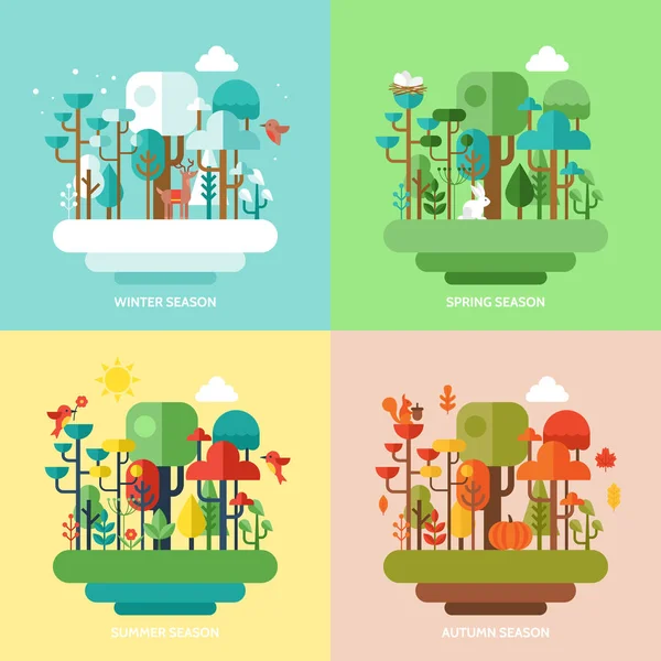 Four seasons concept with nature forest, trees and animals. Vect