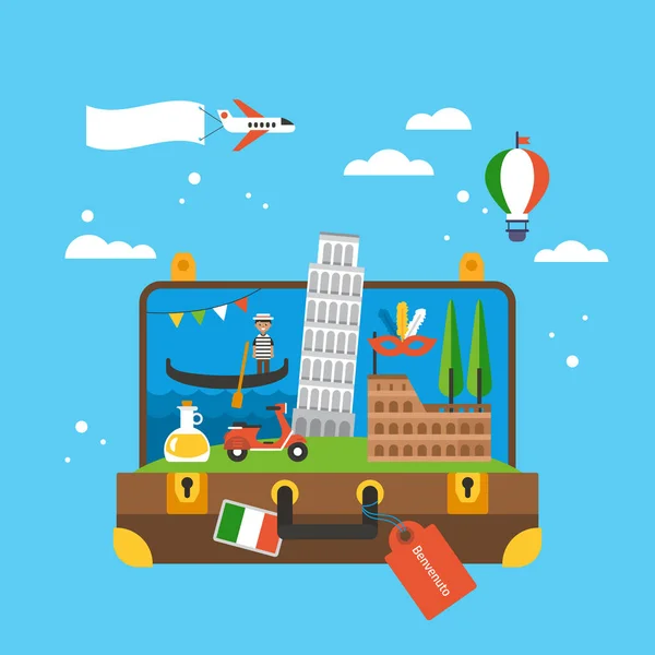 Viaje a Italia concepto con iconos emblemáticos dentro de la maleta. Fla. — Vector de stock