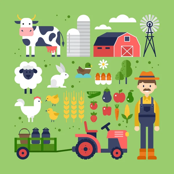 Çiftlik gıda, ürün ve hayvan simgeleri. Hasat, tarım ve — Stok Vektör