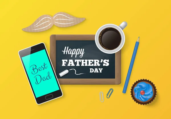 Happy father's day concept. Chalkboard, smartphone and coffee cu — Stock Vector