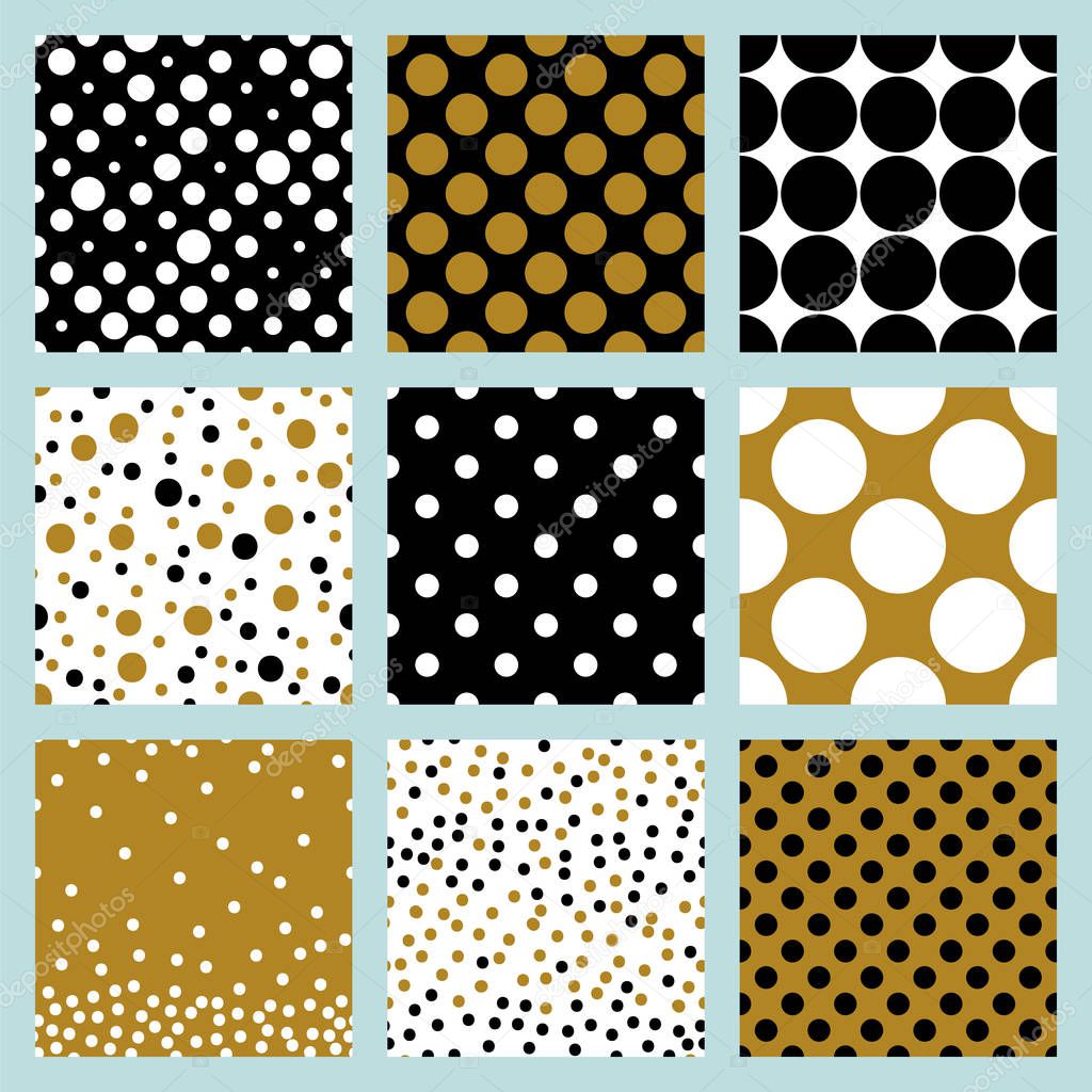 Modern christmas polka dots seamless pattern set in black, gold 