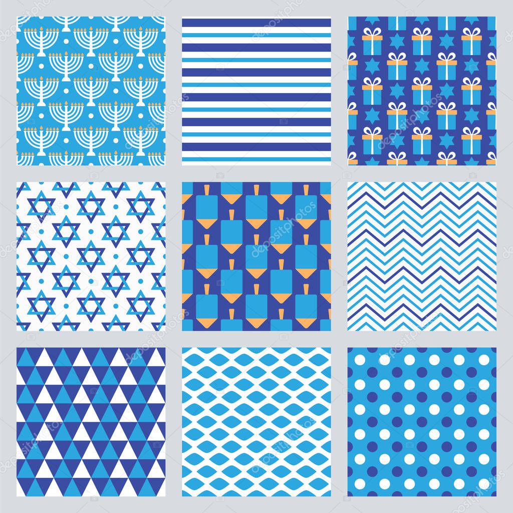 Set of seamless pattern design for Jewish holiday Hanukkah. Vect