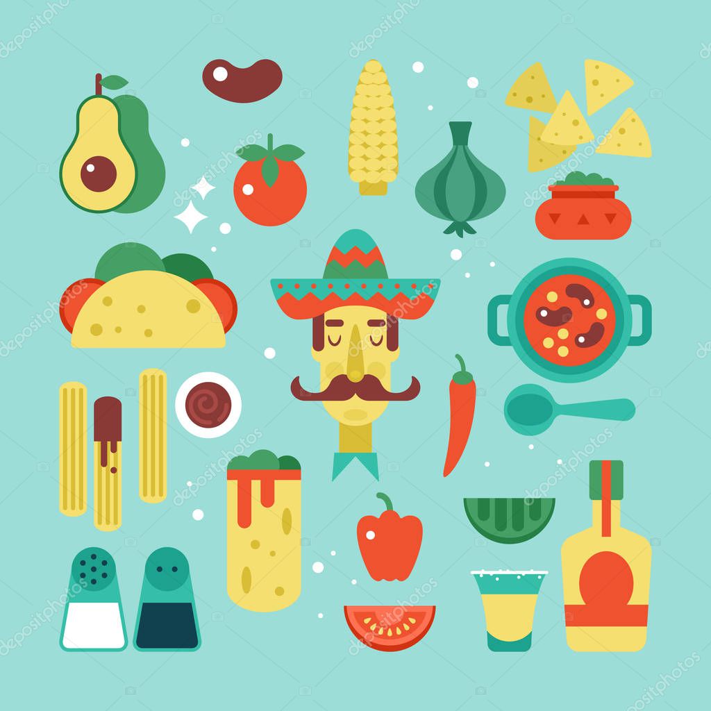 Mexican food flat stylish icon set. Vector illustration