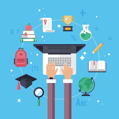 Dizüstü bilgisayar ve düz simgelerle okul konseptine geri dön