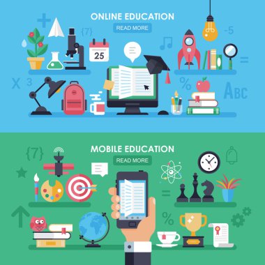 Düz simgeleri ile online eğitim ve mobil e-learnig kavramı bir