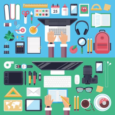 Düz simgeleri ile online eğitim ve mobil e-learnig kavramı bir