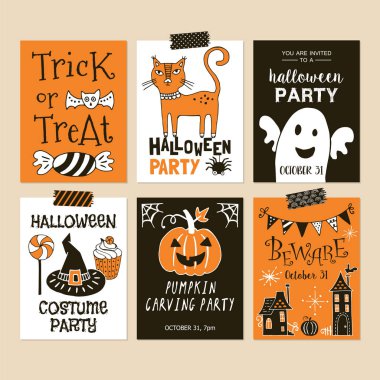 Cadılar Bayramı tatil partisi davetiye şablonu ayarlayın. El çizimi ve