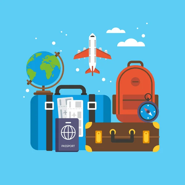 Concepto de viajes y turismo. Icono plano de vuelo de equipaje y equipaje — Vector de stock