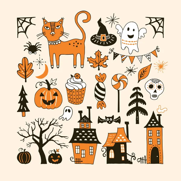 Set de vacaciones de Halloween con elementos de dibujo a mano para gráficos y — Vector de stock