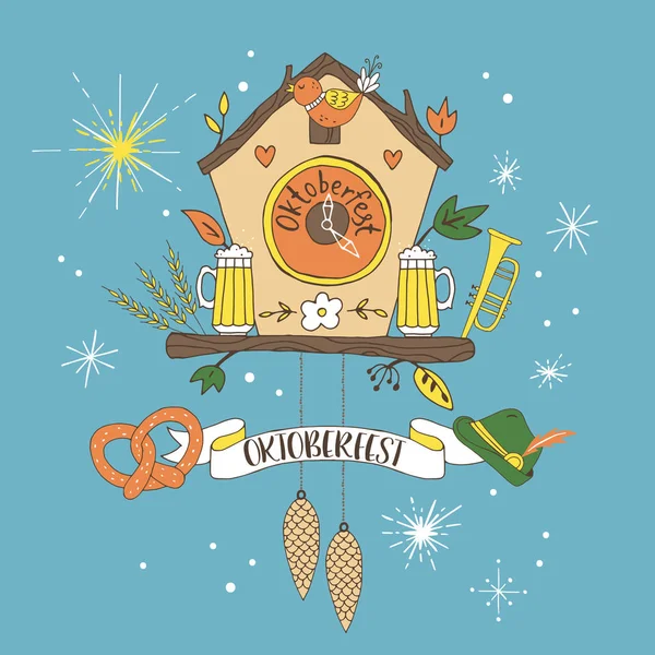 Oktoberfest dessin à la main poster design avec coucou horloge — Image vectorielle