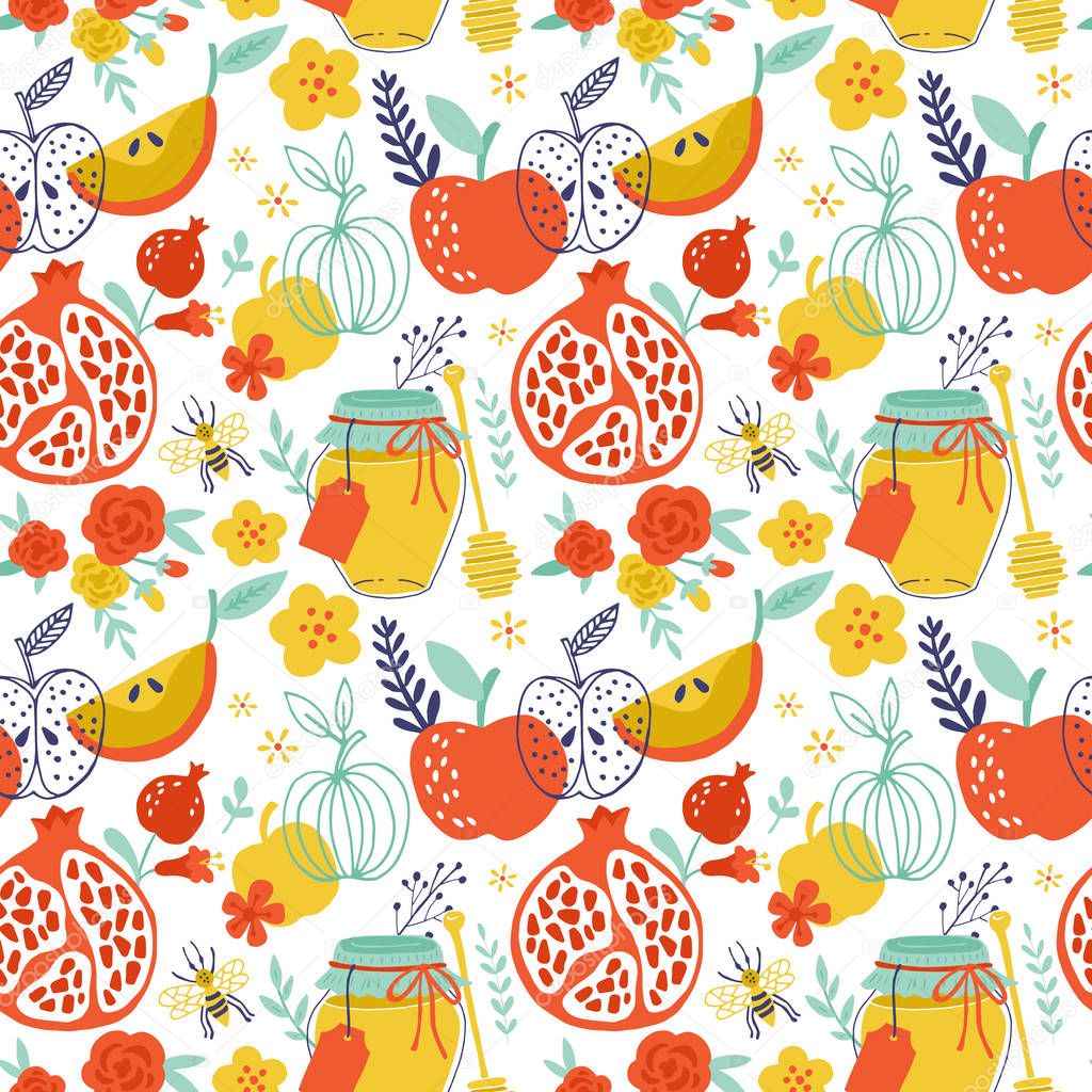 Jewish holiday Rosh Hashana seamless pattern design with apples,