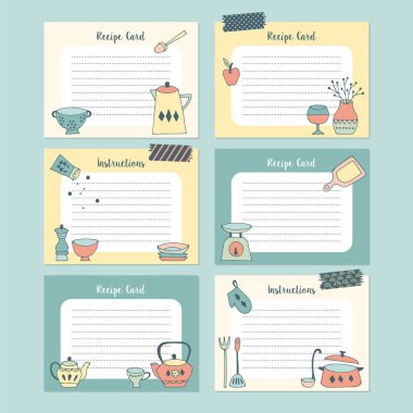 Set of recipe cards with hand drawing kitchen utensil. Isolated  clipart