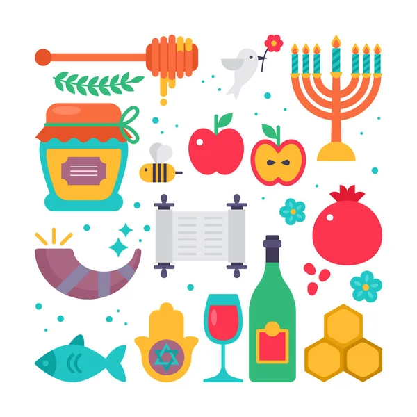 Rosh hashanah ebraico nuovo anno piatto icone moderne set — Vettoriale Stock