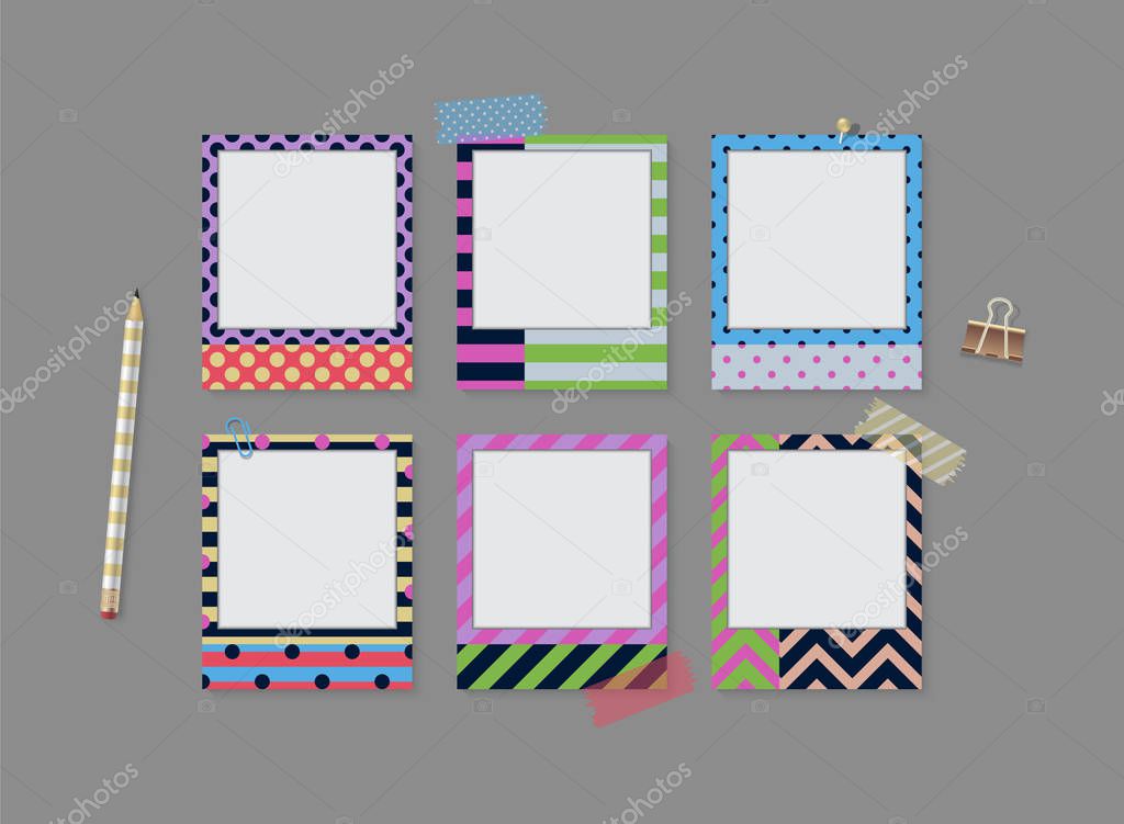 Realistic vector retro photo frames with patterns. Template phot