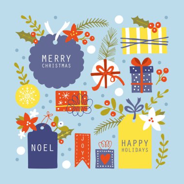 Noel tatili el çizim hediye etiketleri ve hediye kutuları için ayarlayın 