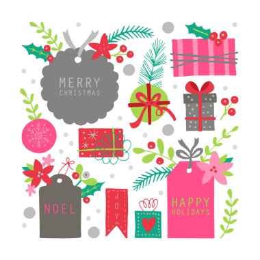 Noel tatili el çizim hediye etiketleri ve hediye kutuları için ayarlayın 