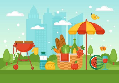 Sepet, yiyecek ve meyve ile yaz piknik ve barbekü konsepti 