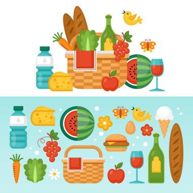 Sepet, yiyecek ve meyve ile yaz piknik konsepti. Vektör illus