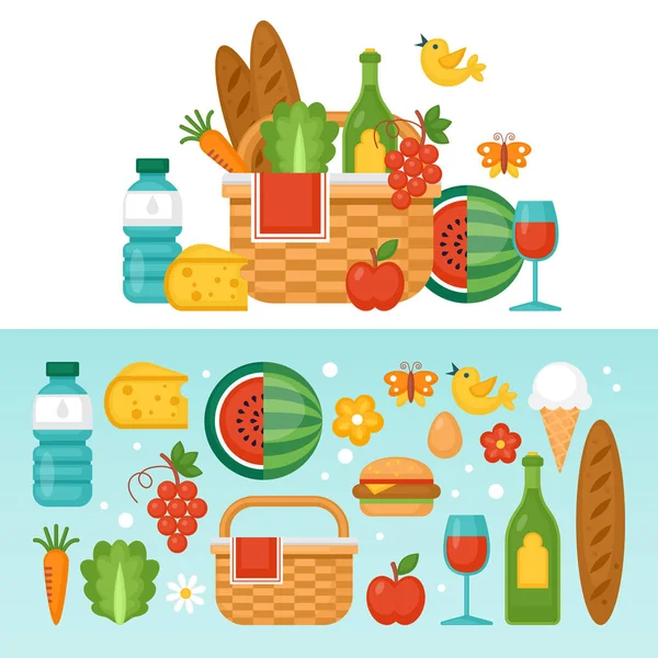 Concepto de picnic de verano con cesta, comida y frutas. Vector illus — Vector de stock