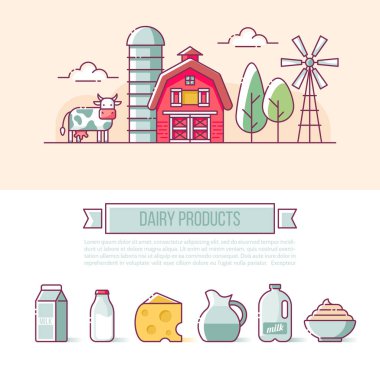Çiftlik afiş tasarımı. Web ve gr için süt ve süt ürünleri simgeleri