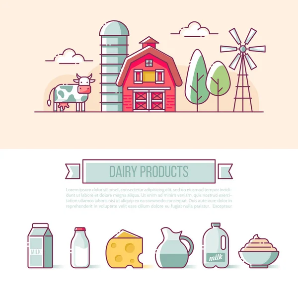 Diseño de banner de granja. Iconos de leche y productos lácteos para web y gr — Vector de stock