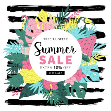 Tropikal yaz afiş tasarımı. El çizimi vect ile arka plan