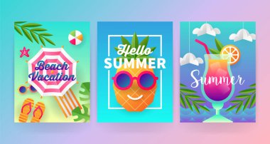 Yaz afiş şablonu kağıt sanat seyahat ve tatil ba ile ayarlanmış