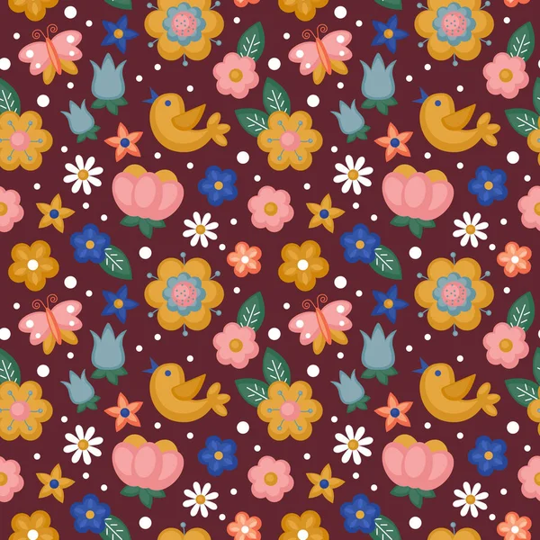 Απρόσκοπτη μοτίβο φόντο με λουλούδια, πουλιά και πεταλούδα — Διανυσματικό Αρχείο