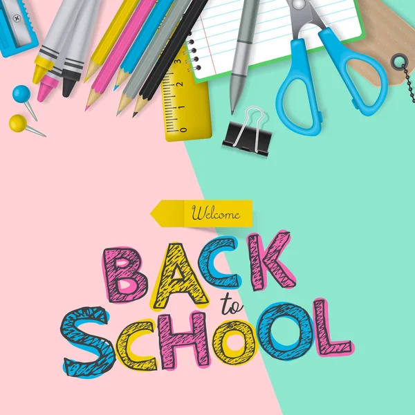 Επιστροφή στο σχολείο σχέδιο banner με γράμματα και σχολικά εφόδια. — Διανυσματικό Αρχείο