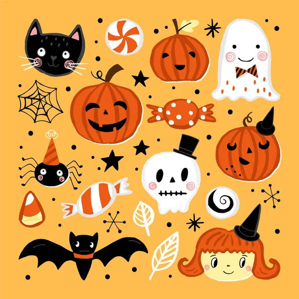 Ensemble de vacances Halloween avec éléments de dessin à la main — Image vectorielle