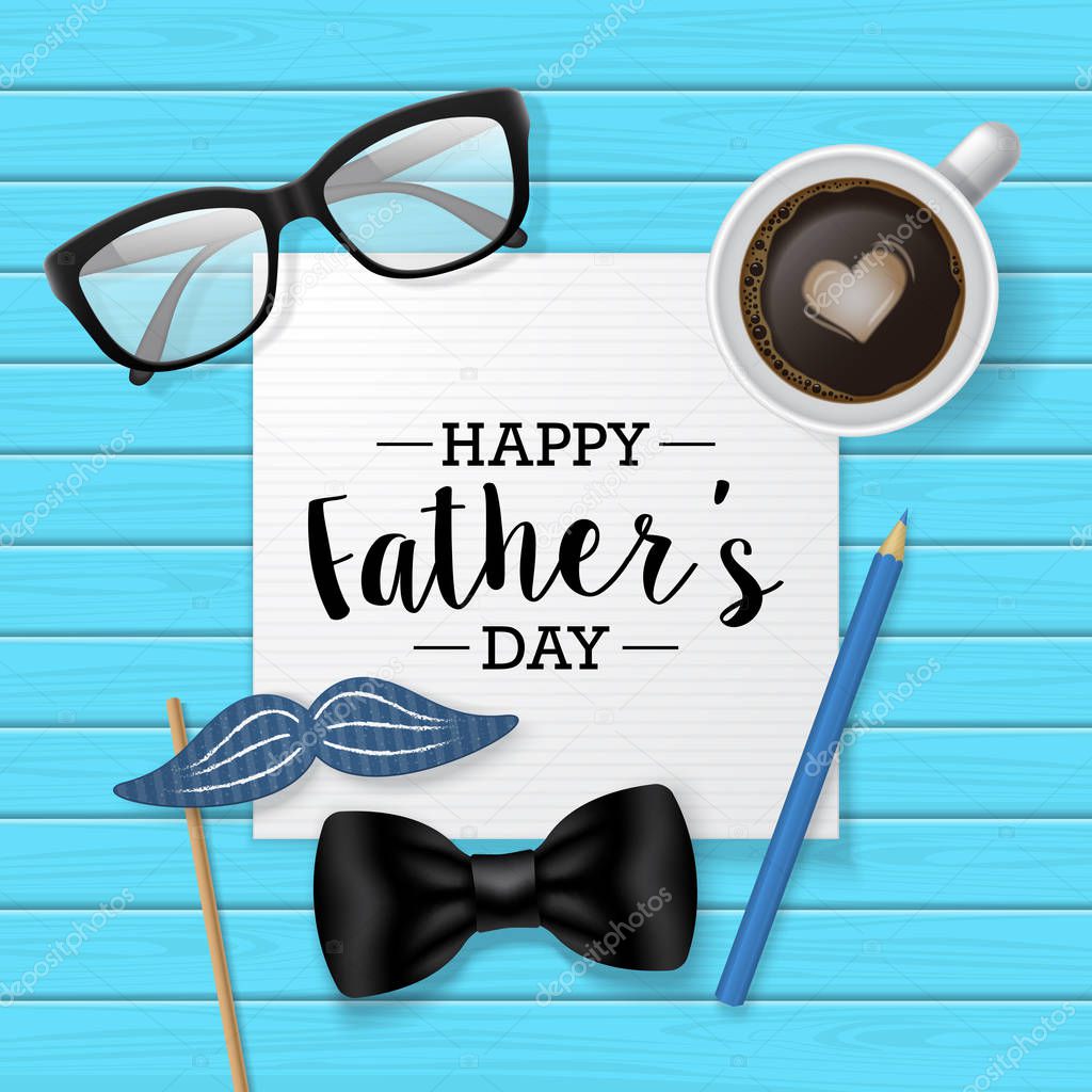 Fathers day banner design with lettering, coffee cup and paper n