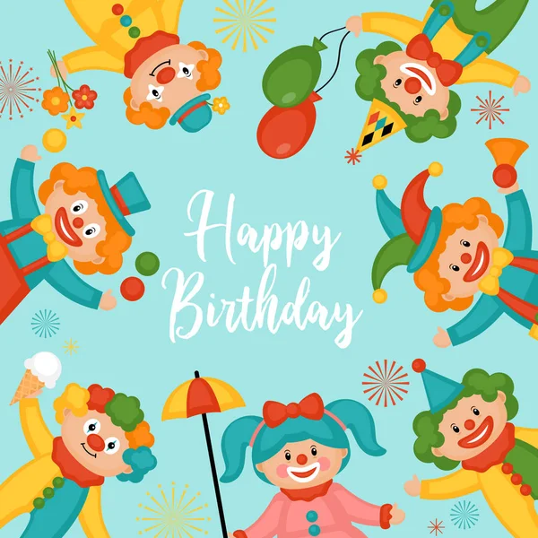 Sevimli palyaçolar ile mutlu Doğum günü tebrik kartı — Stok Vektör