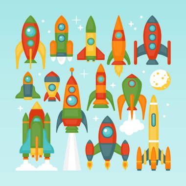 Mavi arka planda izole edilmiş roket seti.