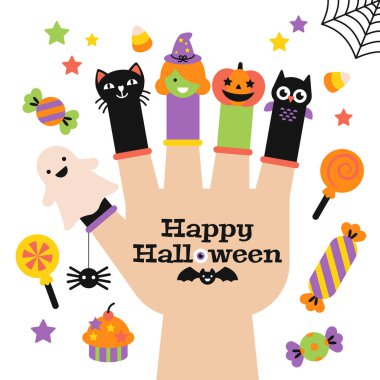 Parmak kuklalar ile Cadılar Bayramı tebrik kartı tasarımı 