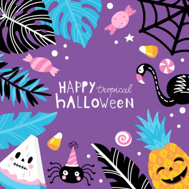Pineapplle ile Hallowen tatil yaratıcı tasarım. flamingo, wate
