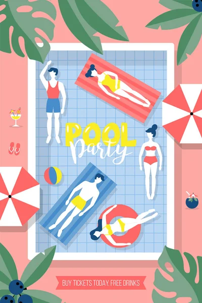 Плакат вечеринки у бассейна с плавающими персонажами — стоковый вектор