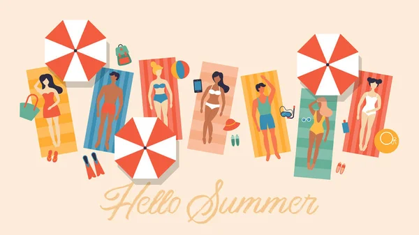 Diseño de banner de vacaciones de verano con personajes pequeños tanni — Vector de stock