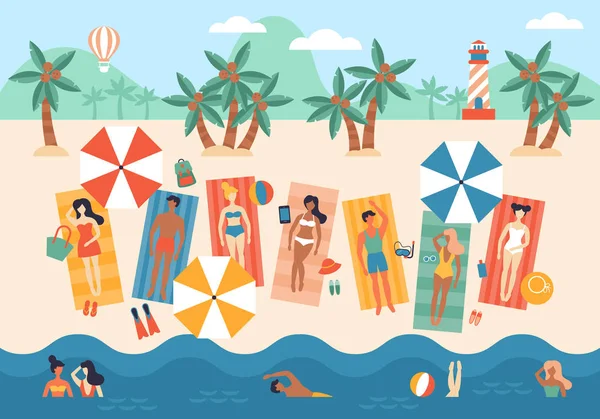 Дизайн банерів літніх канікул з людьми, що засмагають на пляжі — стоковий вектор